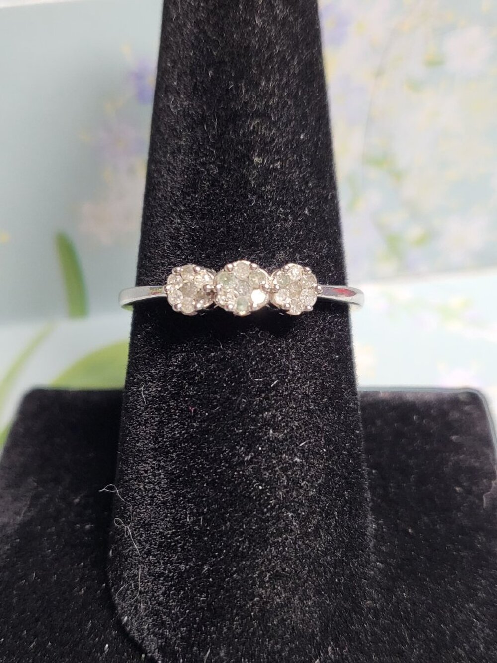 Sterling Silver Past Present Future Natural Diamond Cluster Trilogy Ring
